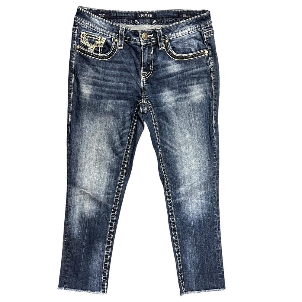 Vigoss Heritage Fit Chelsea Capri Women Blue Denim Jeans Stretch Cute 25" Inseam